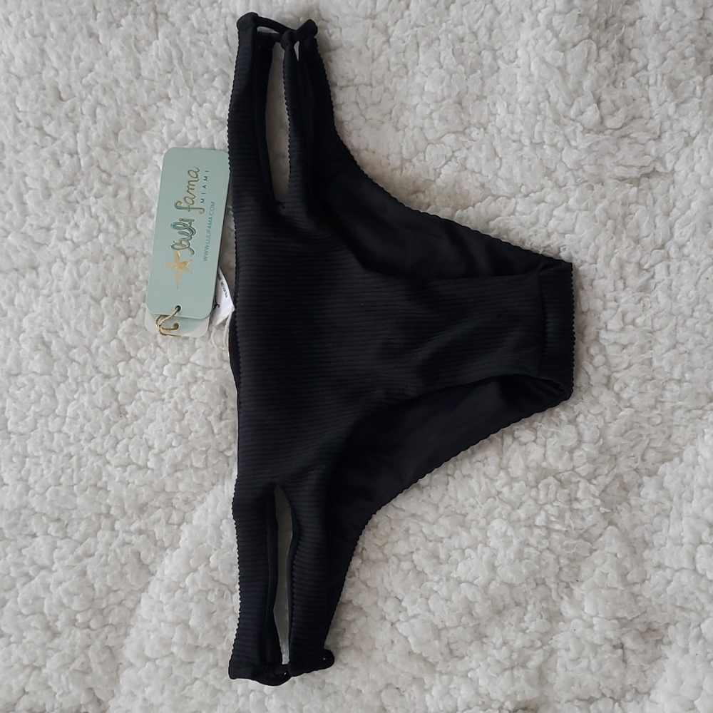 Luli Fama Black Ribbed Double-Strap Bikini Bottom